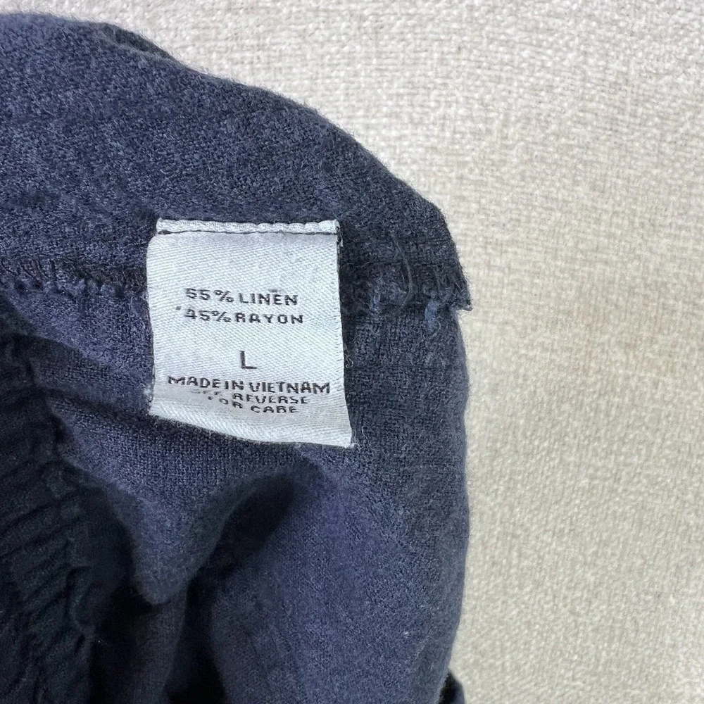 Womens Linen Coastal Gauze Boho Wide Leg Barrel Drawstring Pant Navy Blue Size L